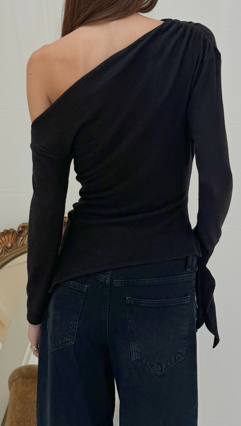 Asymmetrical Off Shoulder Tie Knit Top - Black