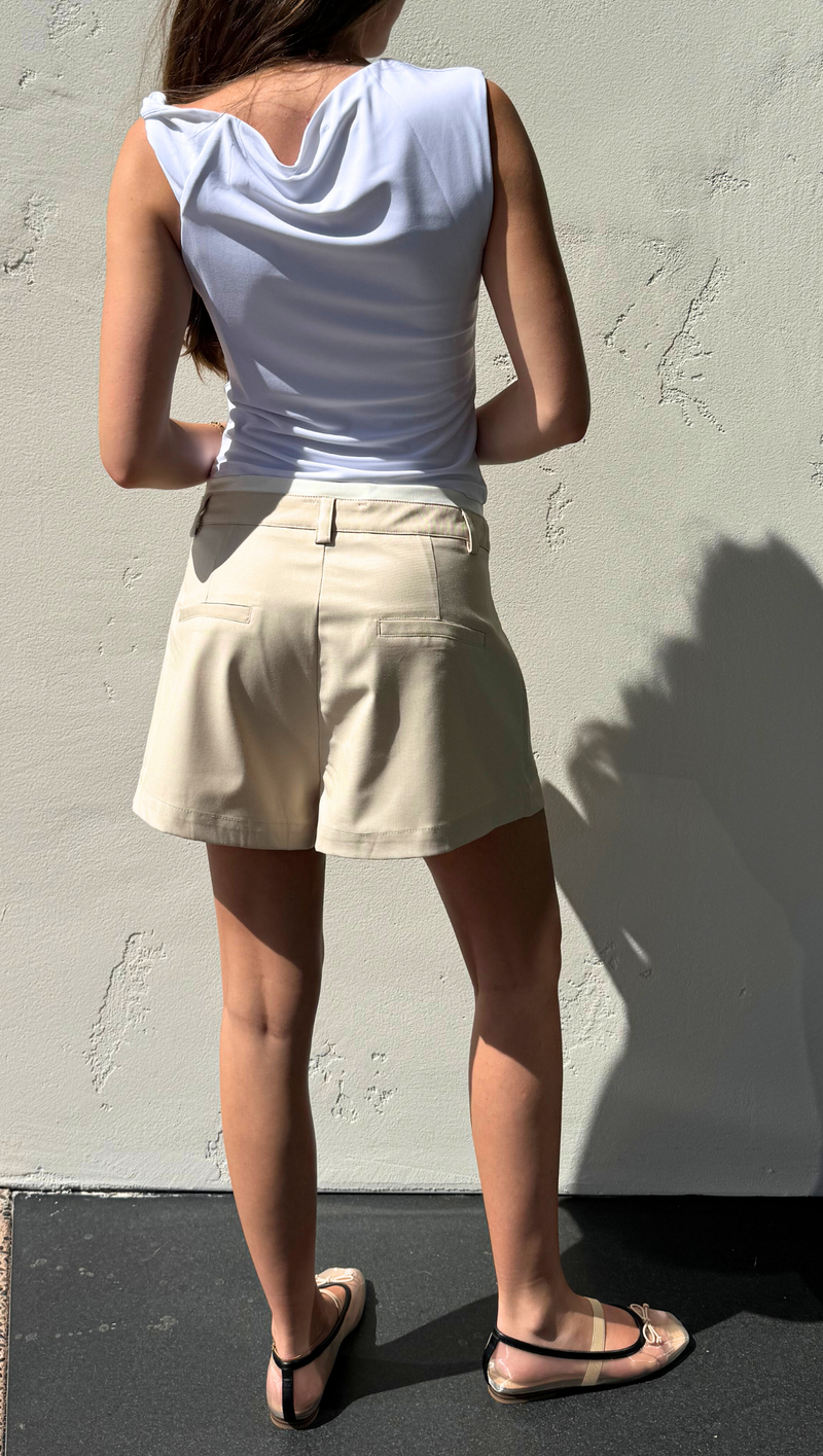 Luna Contrast Waistband Trouser Shorts - Beige