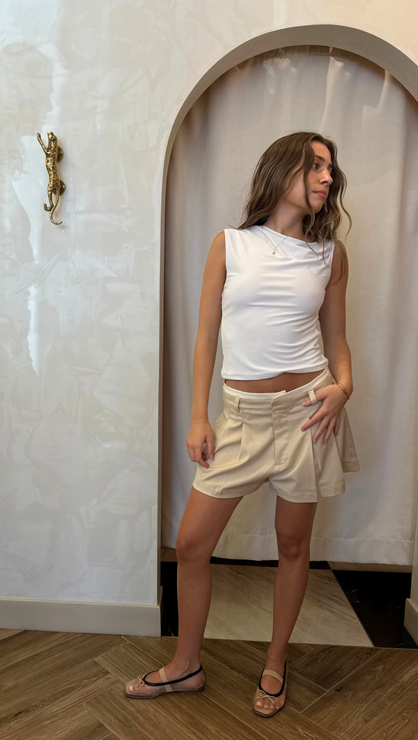 Luna Contrast Waistband Trouser Shorts - Beige