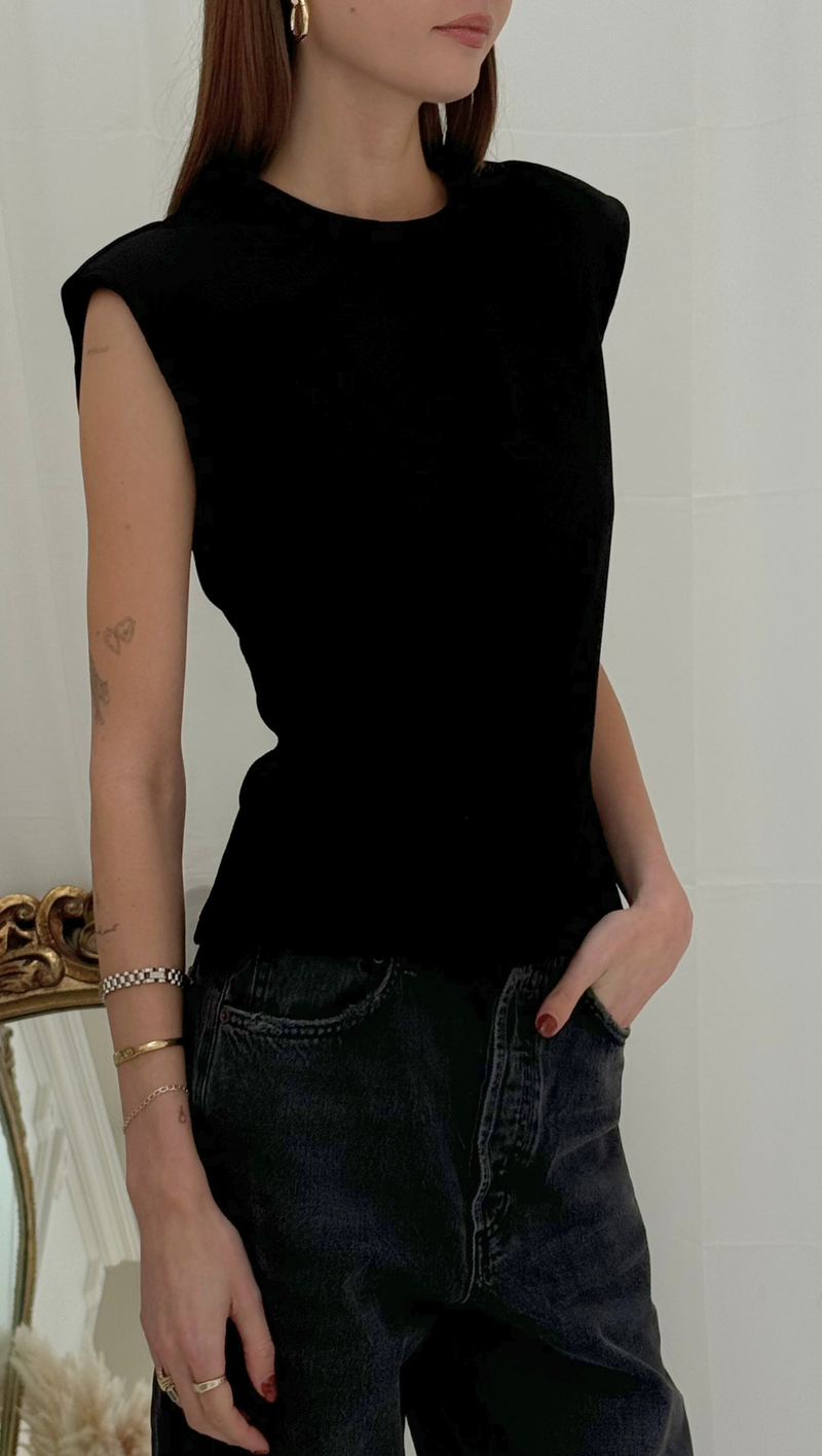 Cinched Waist Ribbed Knit Top - Black