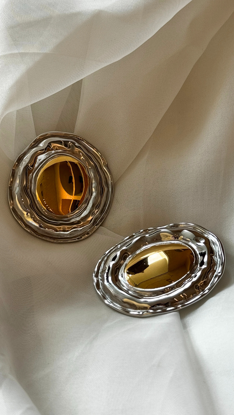 Oversized Two Tone Earrings - Silver/Gold Center