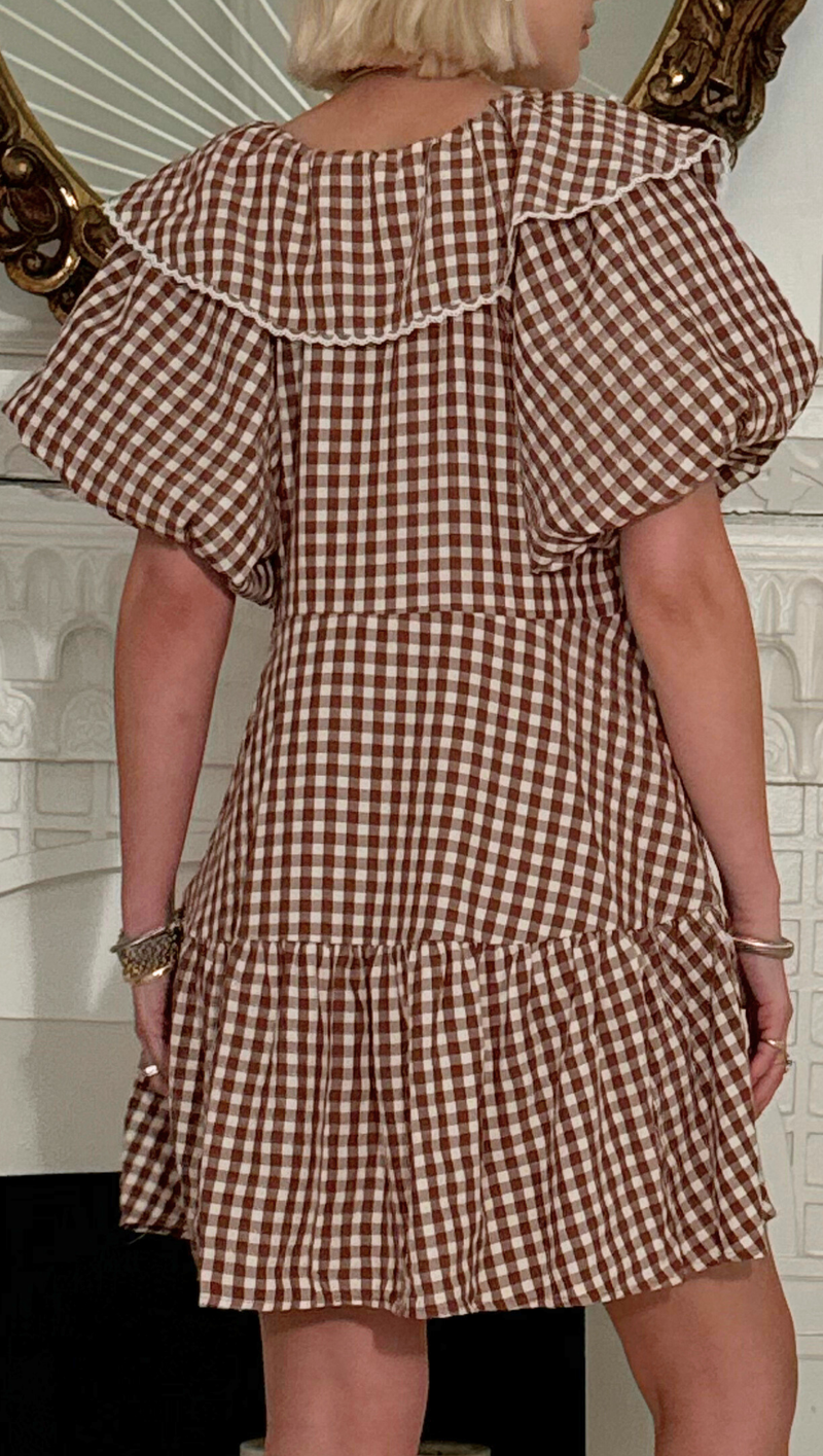 Gingerbread Gingham Mini Dress - Brown