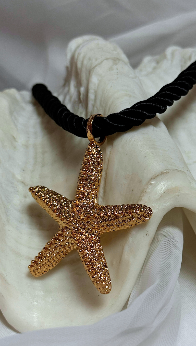 Starfish Pendant Rope Necklace - Black