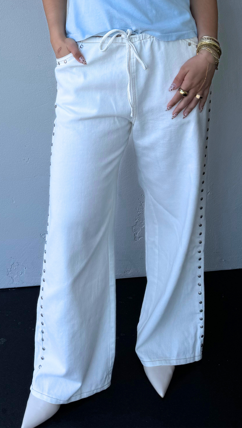 Kendall Studded Drawstring Denim Pants - White