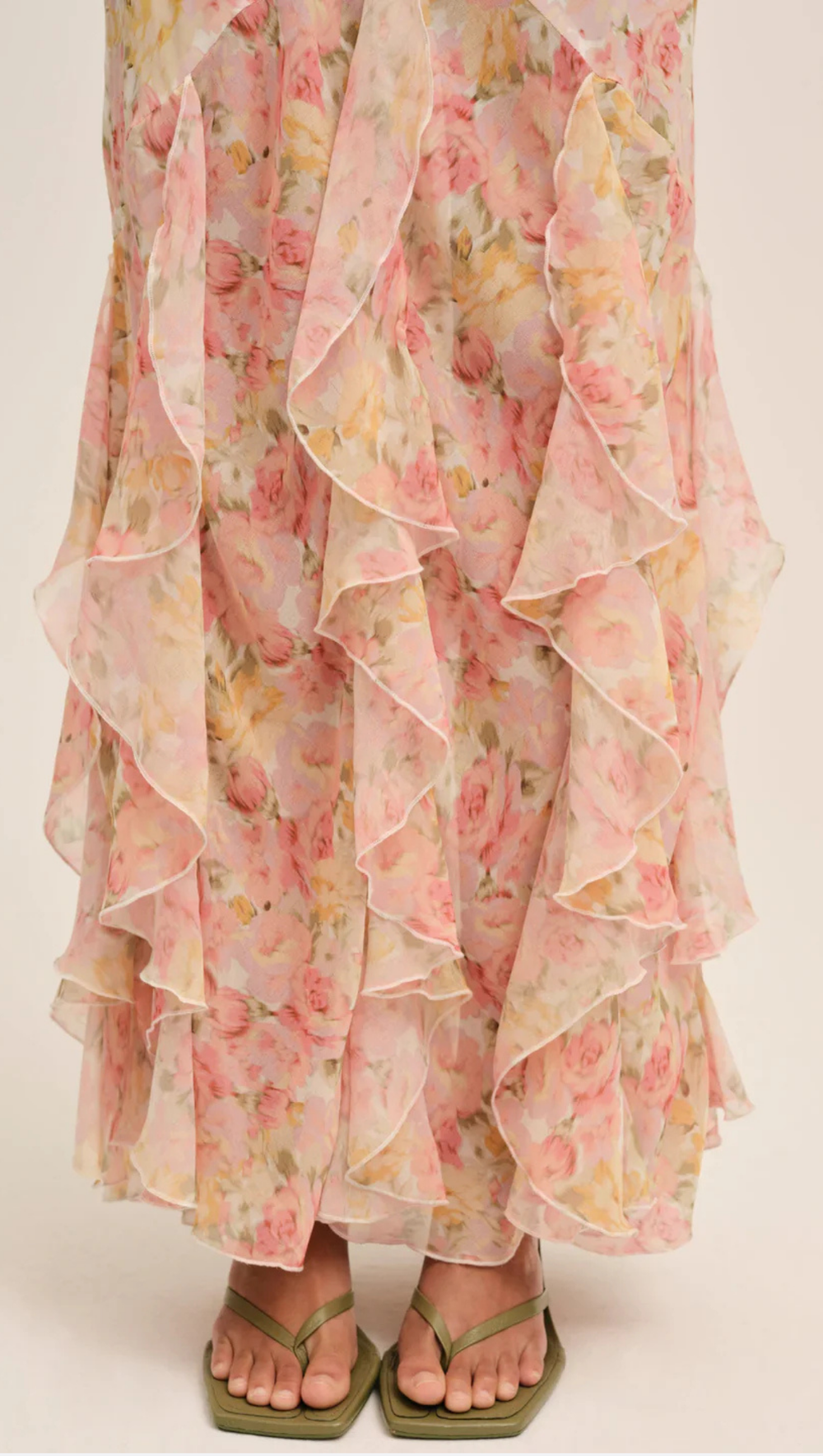 for Love & Lemons Elea Floral Ruffle Open Back Maxi Cocktail Dress in Peach at Nordstrom, Size Large