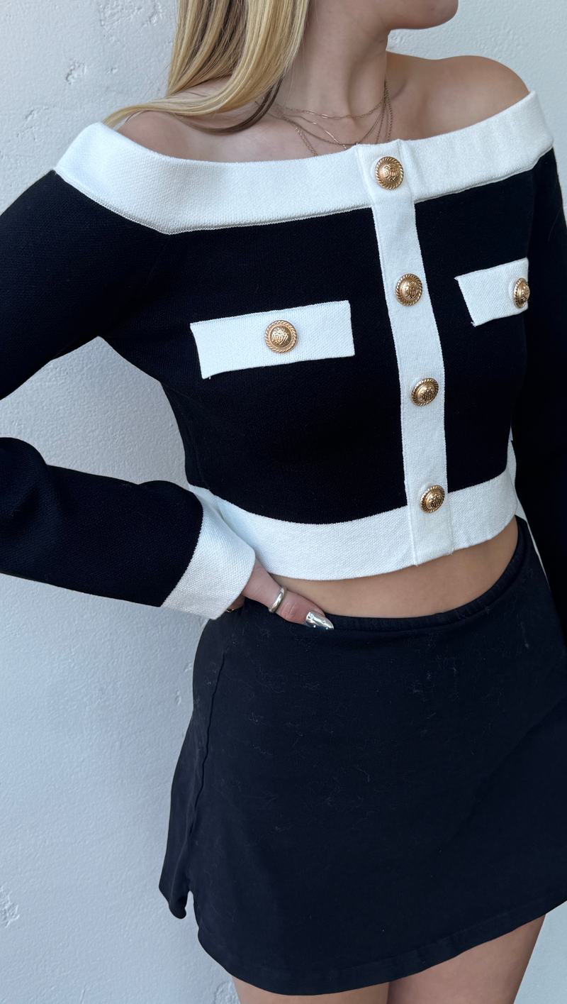 Amanda Off Shoulder Knit Top - Black/White