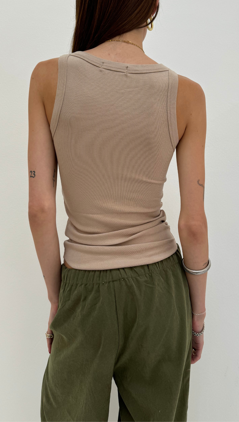 Ribbed Full Length Racer Tank - Tan