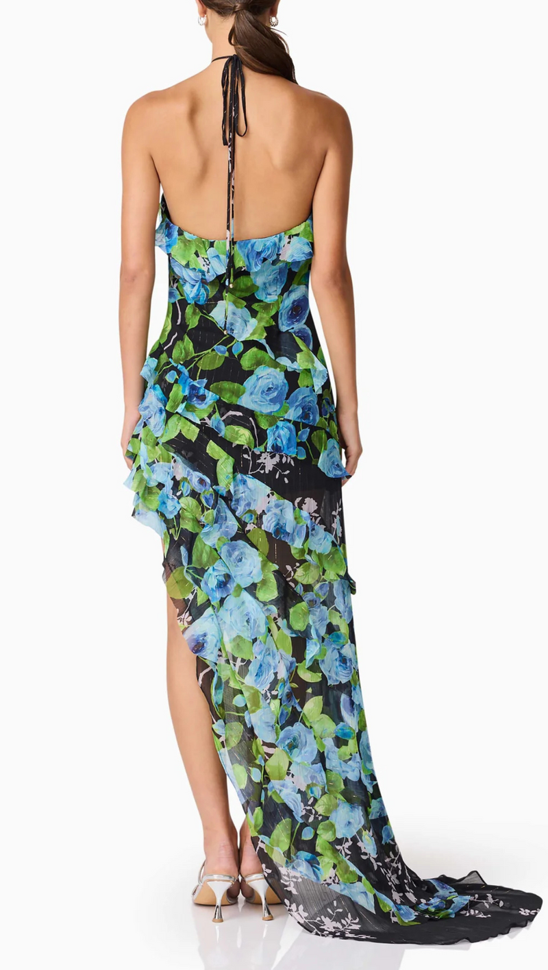 green and black maxi dress Tropic Ease Off Shoulder Palm Maxi Dress: Green/Black