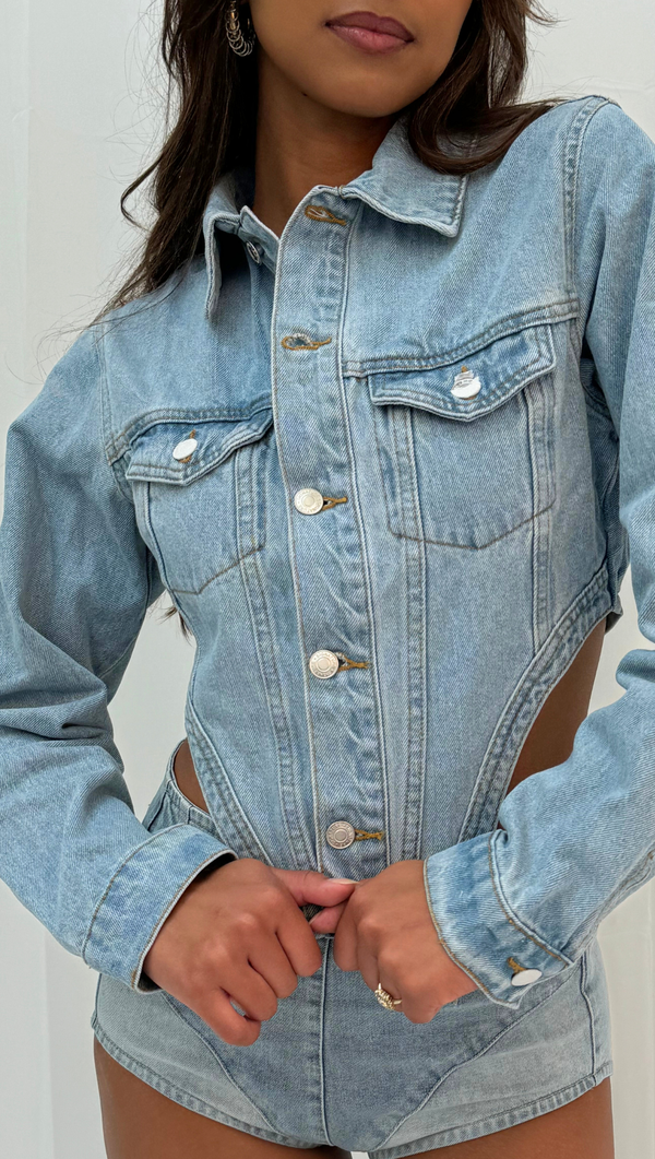 Catalina Cropped Denim Corset Jacket - Medium Denim