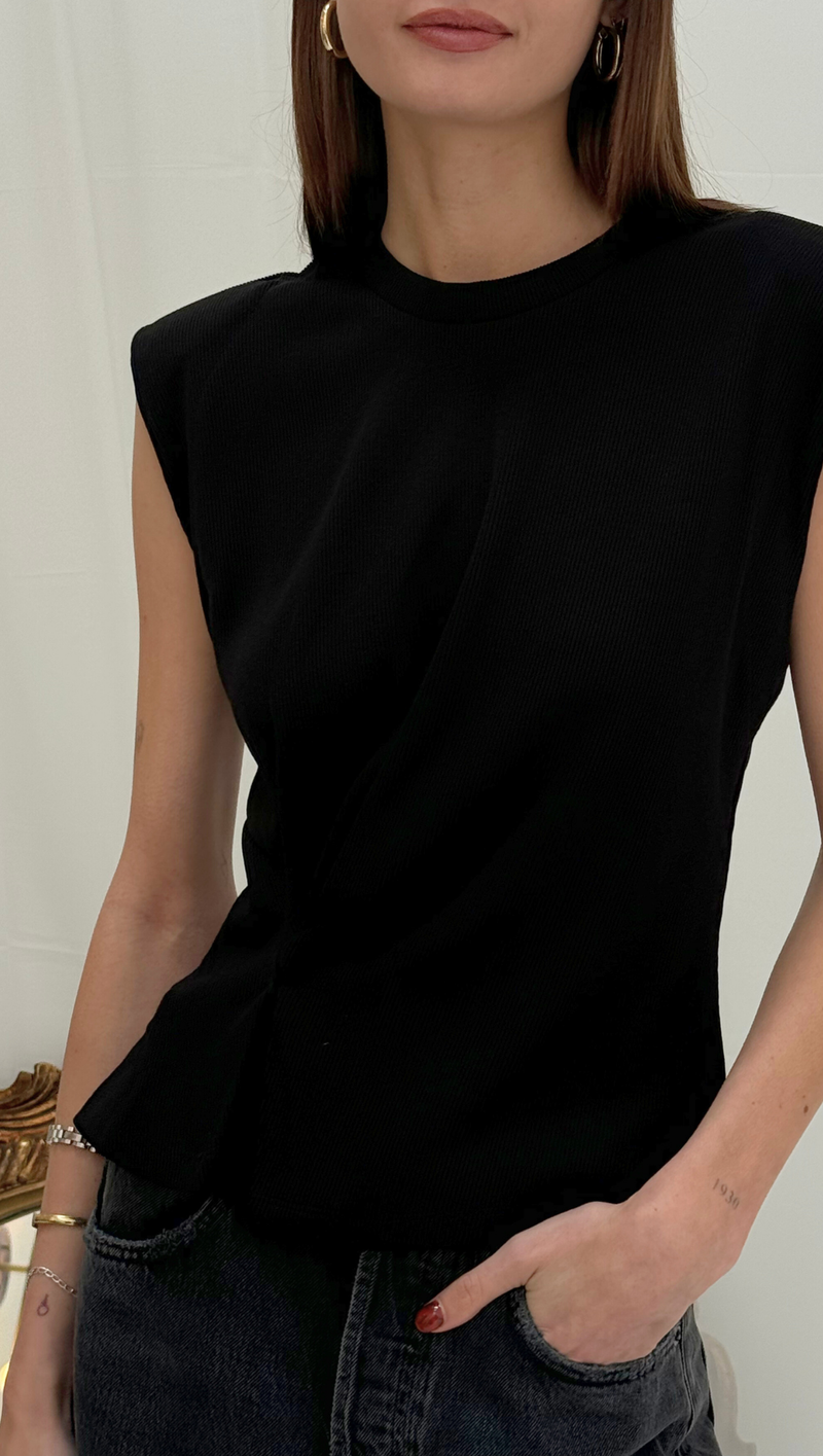 Cinched Waist Ribbed Knit Top - Black