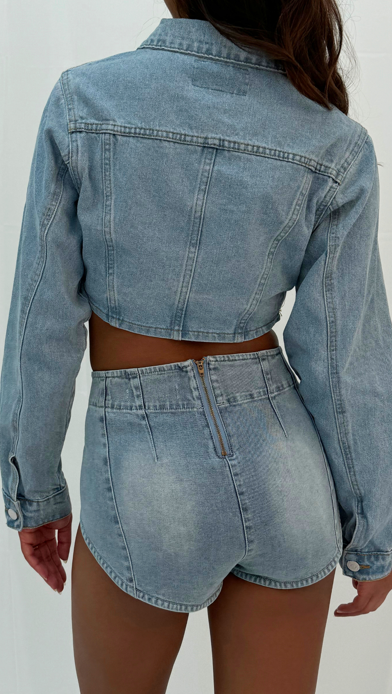 Catalina Cropped Denim Corset Jacket - Medium Denim