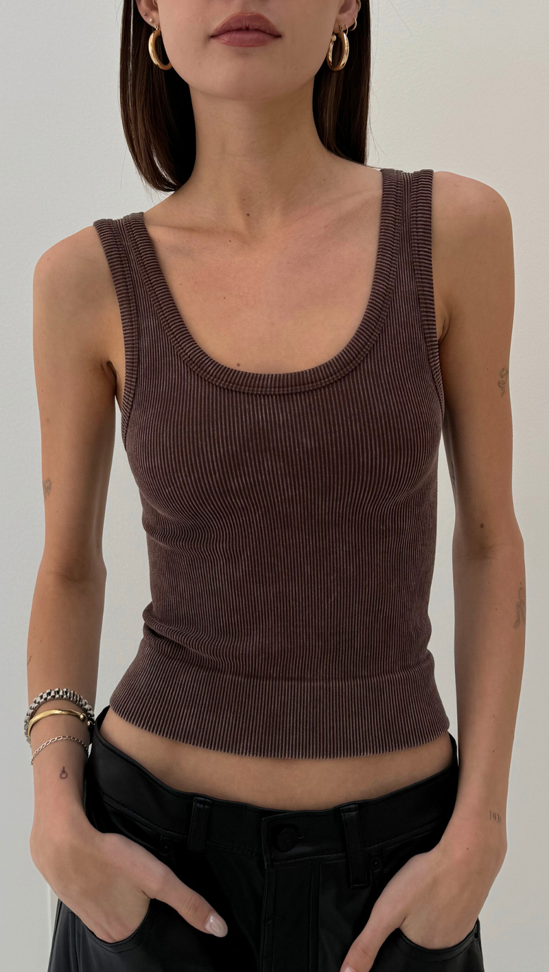 Full Length Scoop Neck Tank - Brown