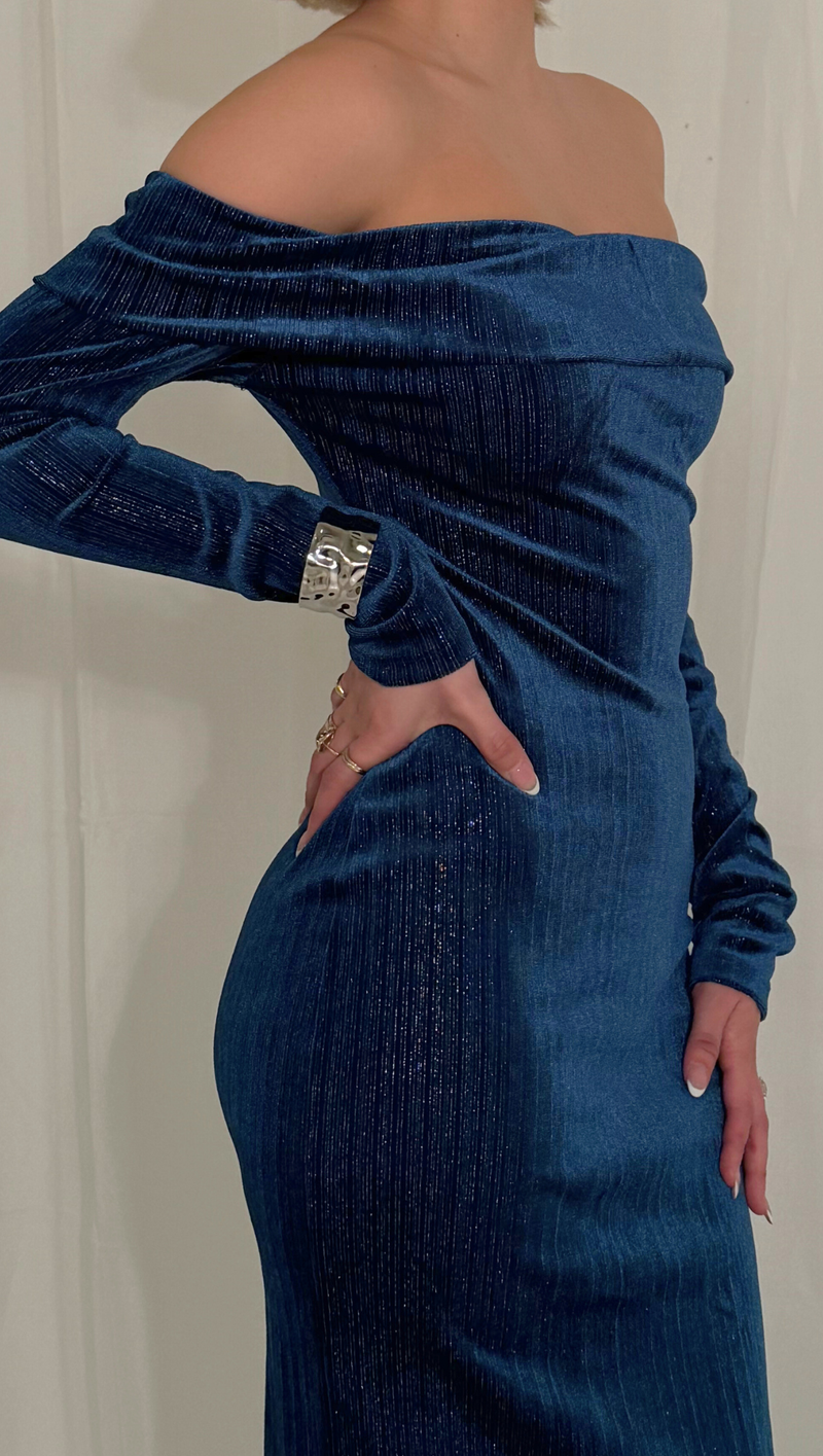 Katana Off Shoulder Midi Dress - Dark Blue