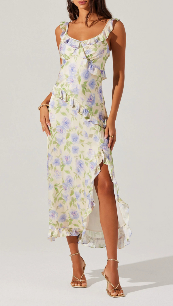 Rosalina Satin Ruffle Midi Dress - Cream