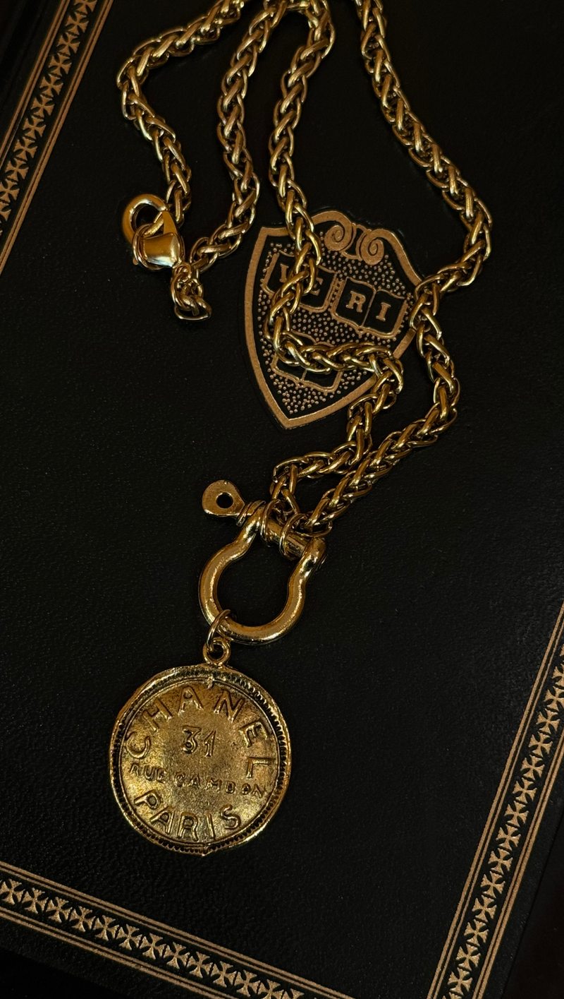 Chanel Stamped Coin Necklace With Horse Bit Toggle