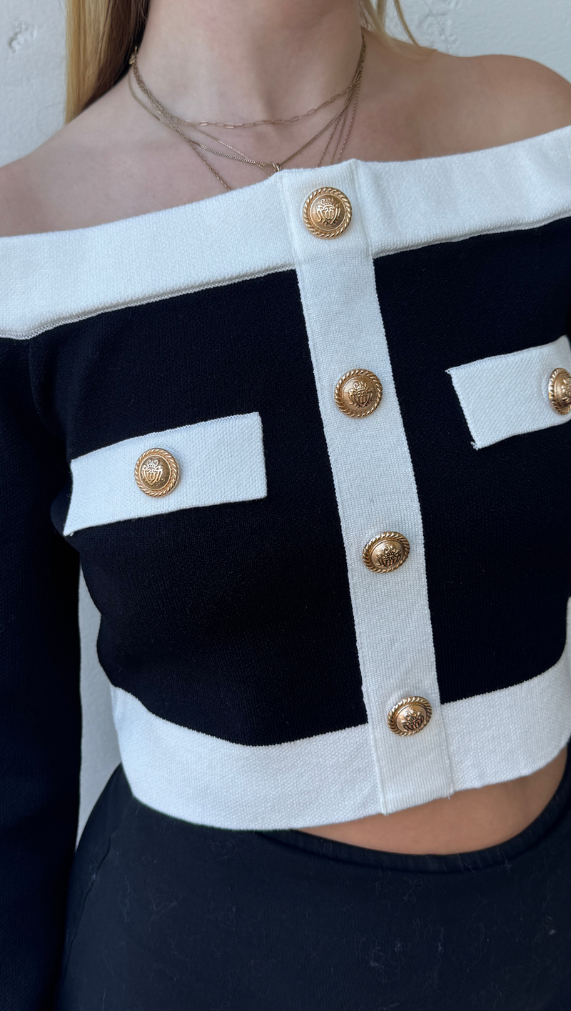 Amanda Off Shoulder Knit Top - Black/White