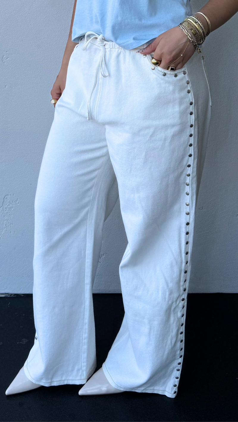 Kendall Studded Drawstring Denim Pants - White