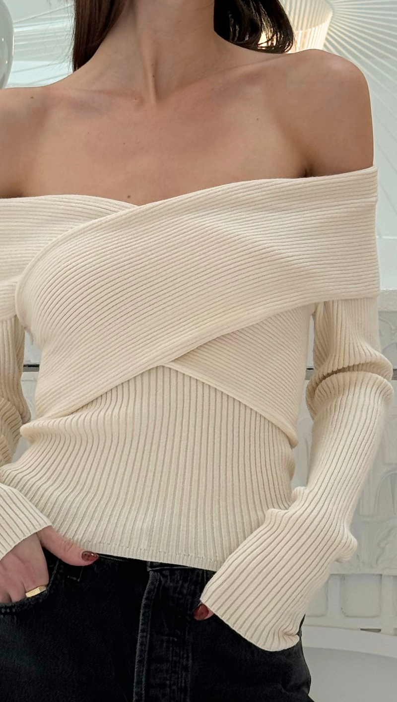 Off Shoulder Crossover Sweater - Cream