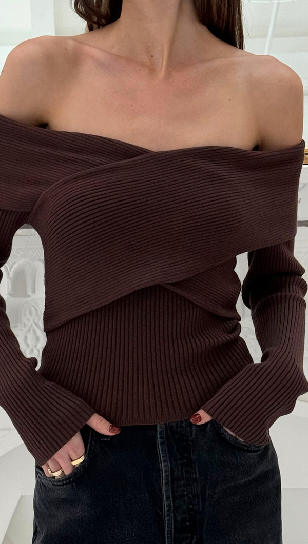 Off Shoulder Crossover Sweater - Brown