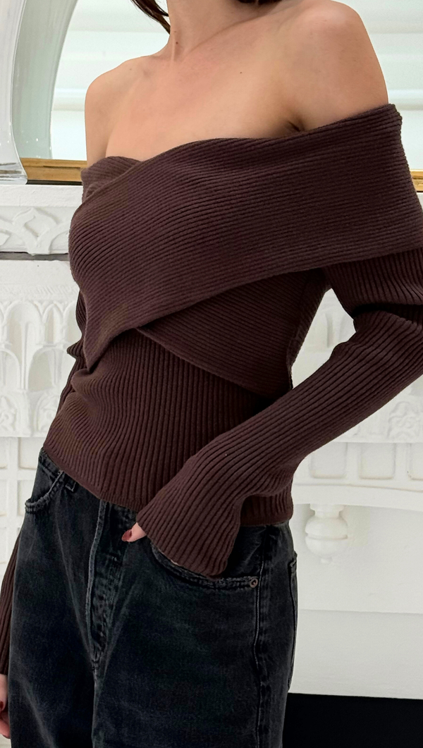 Off Shoulder Crossover Sweater - Brown