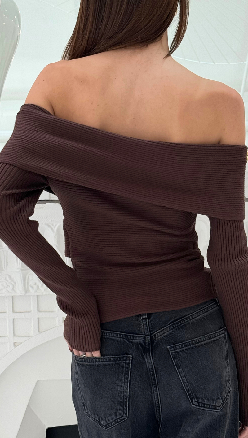 Off Shoulder Crossover Sweater - Brown