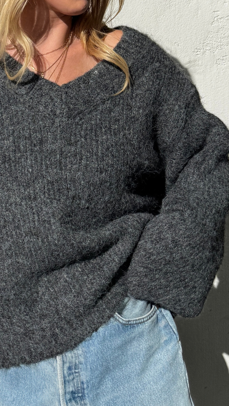 Heather V Neck Sweater - Charcoal