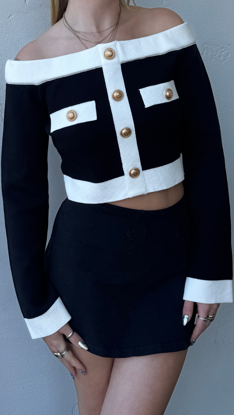 Amanda Off Shoulder Knit Top - Black/White