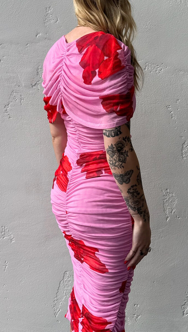 Mesh Floral Cape Midi Dress - Pink