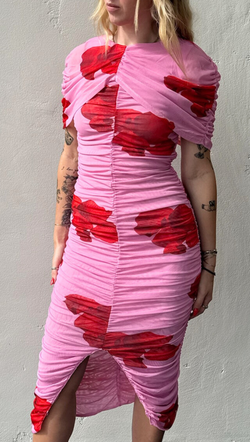 Mesh Floral Cape Midi Dress - Pink