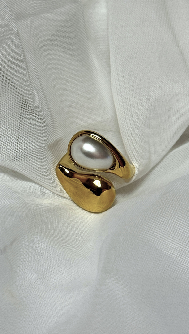 Water Drop Pearl Adjustable Ring -18K Gold