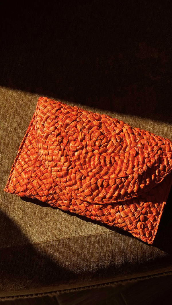 Raffia Flap Clutch - Orange