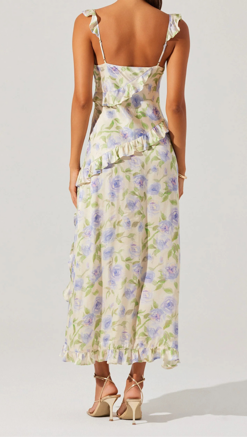 Rosalina Satin Ruffle Midi Dress - Cream