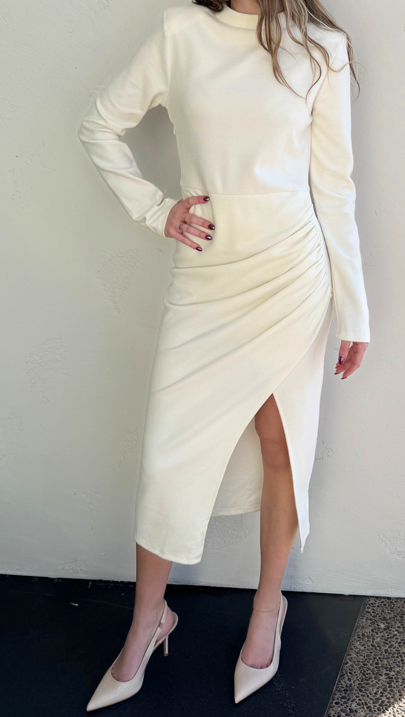 Khair Padded Shoulder Midi Dress - Cream