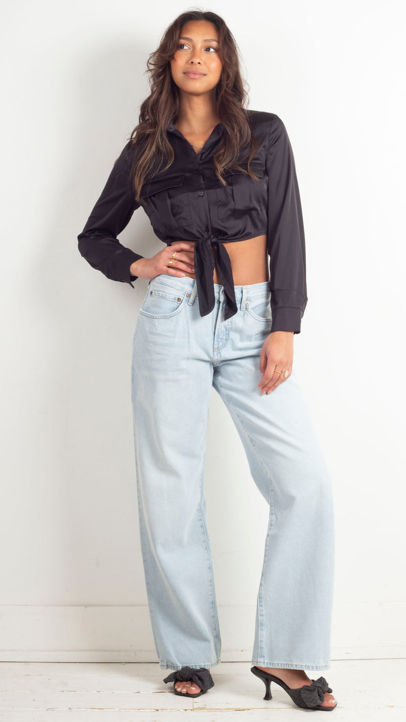 Avery Tie Front Cropped Button Down - Black