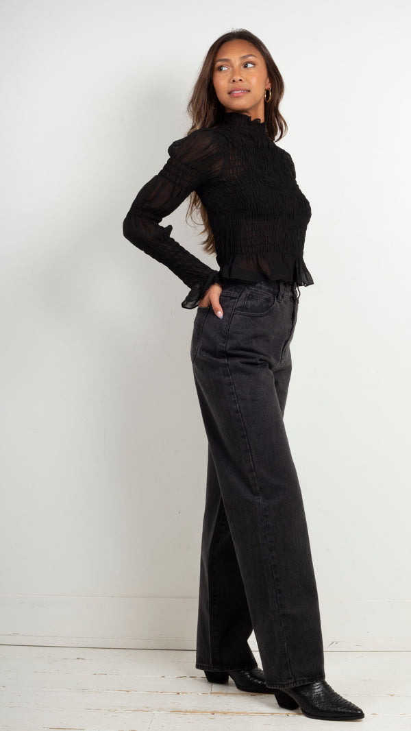 animari-eloise-smocked-ruffle-detail-top-black