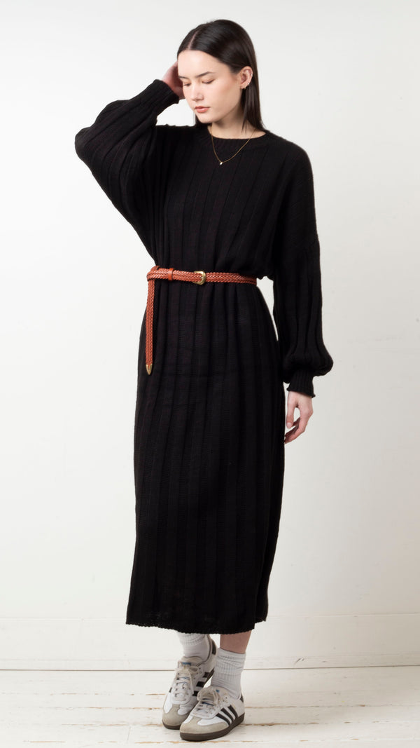 Elle Wide Ribbed Knit Maxi Dress - Black