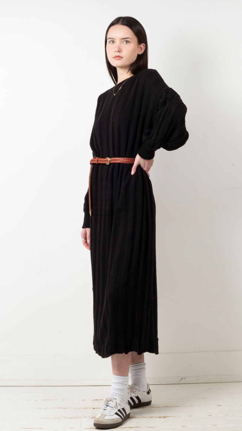 Elle Wide Ribbed Knit Maxi Dress - Black