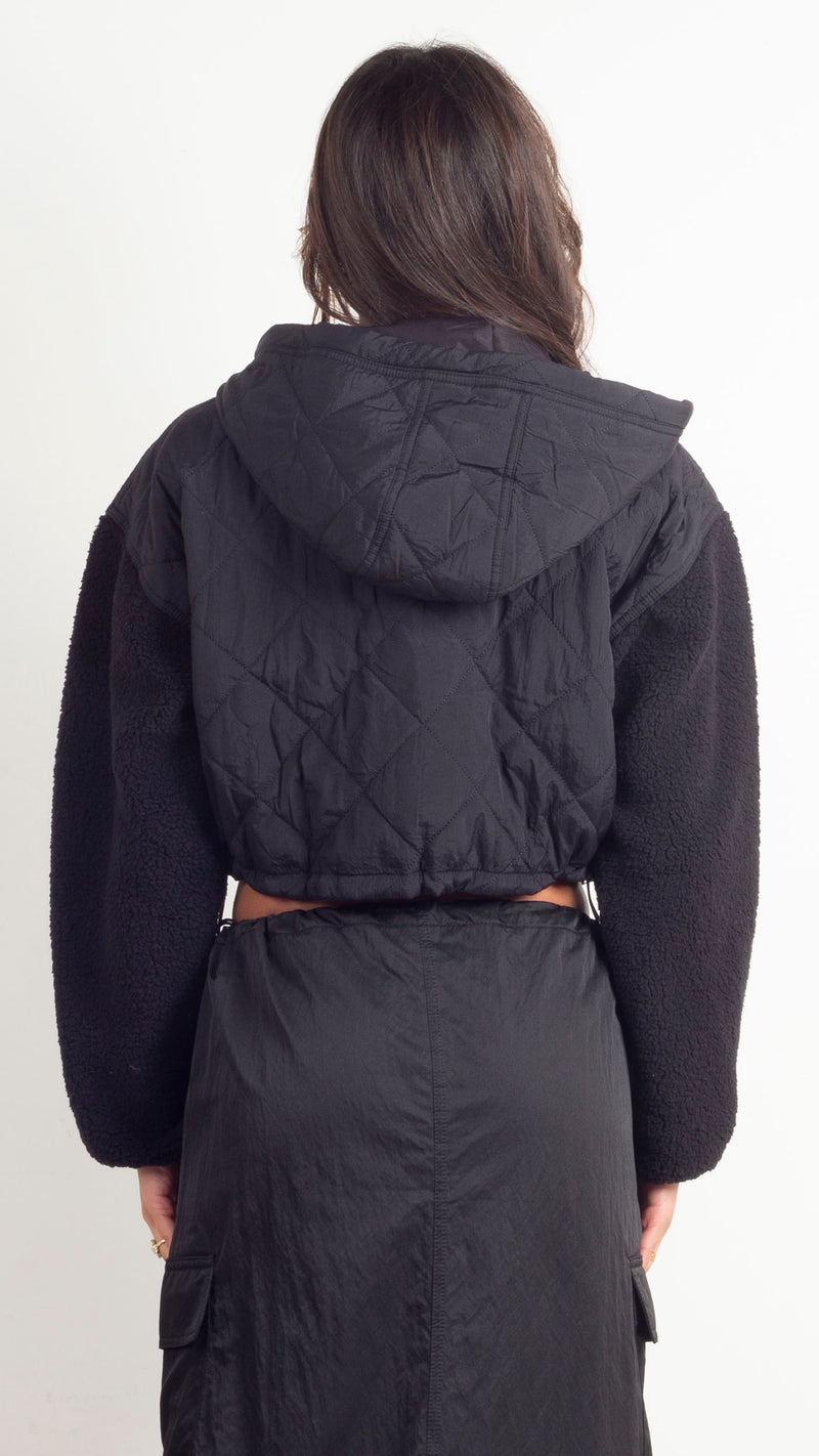 Wren Cropped Nylon & Sherpa Zip Up - Black