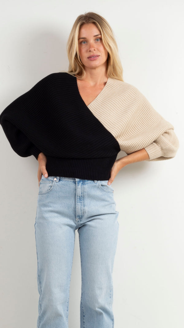 Bianca Colorblock Wrap Sweater - Black/Oat