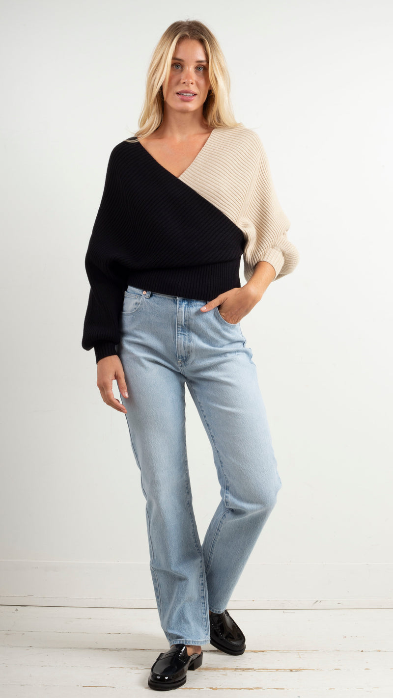 Bianca Colorblock Wrap Sweater - Black/Oat