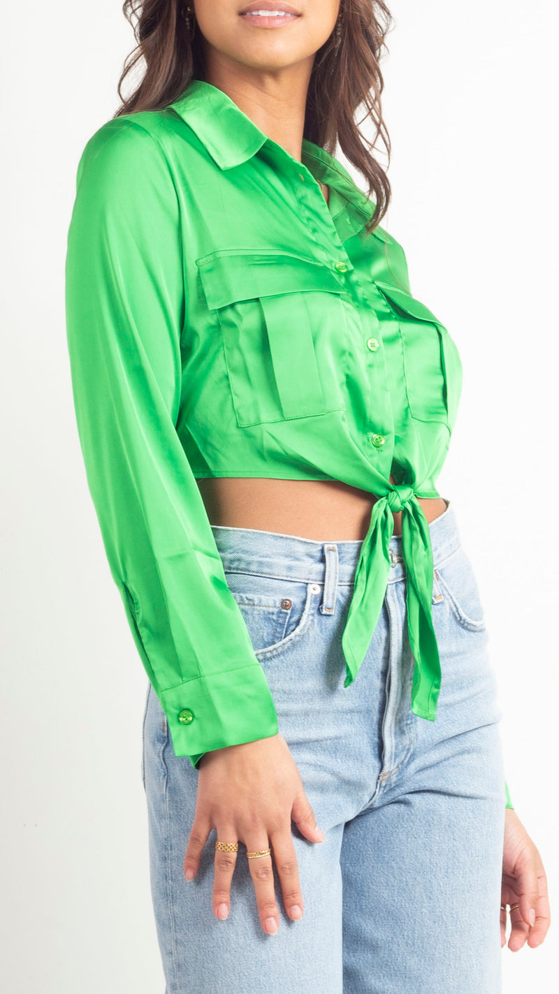 Avery Tie Front Cropped Button Down - Green