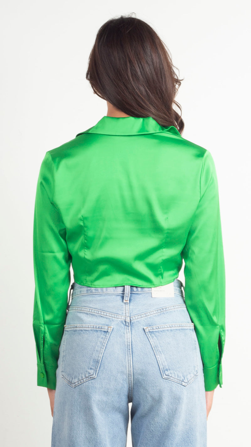 Avery Tie Front Cropped Button Down - Green