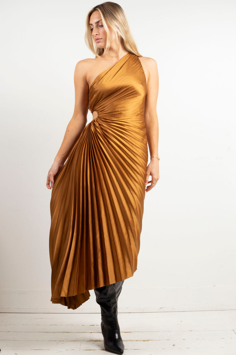 Fallon One Shoulder Pleated Maxi - Golden Ochre