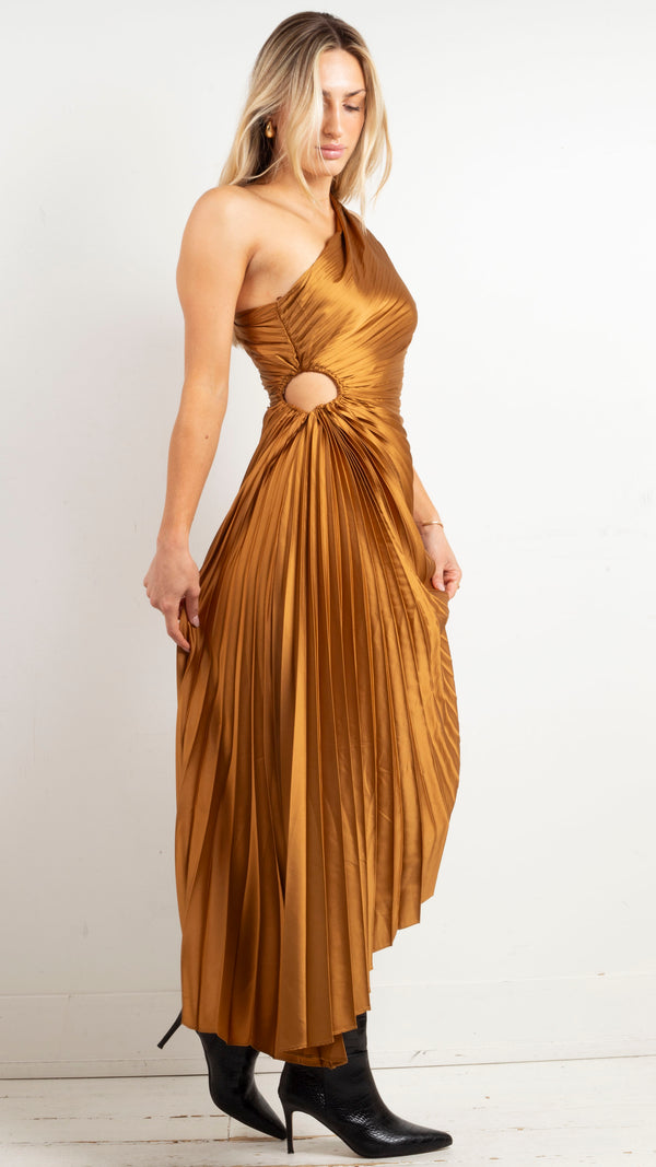Fallon One Shoulder Pleated Maxi - Golden Ochre