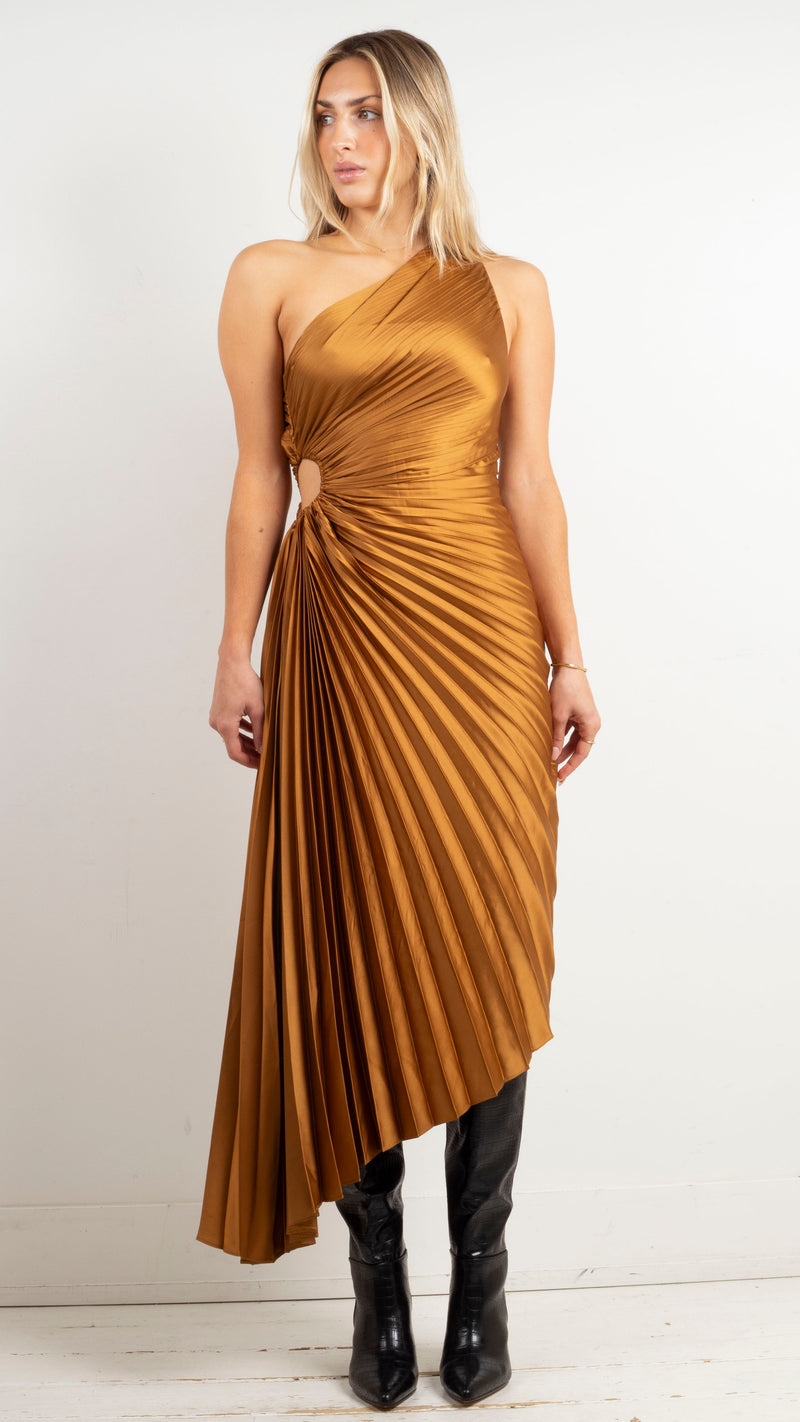Fallon One Shoulder Pleated Maxi - Golden Ochre