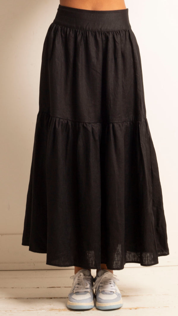 Summer Linen Tiered Maxi Skirt - Black