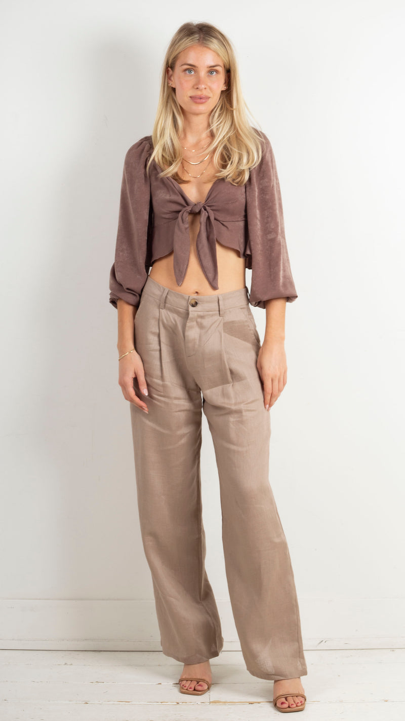 Linea Peplum Tie Front Blouse - Brown