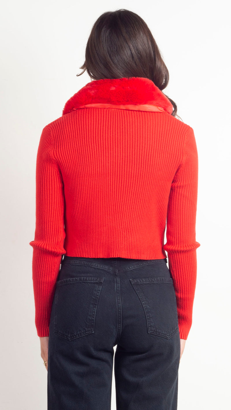 Victoria Faux Fur Collar Cardi - Red