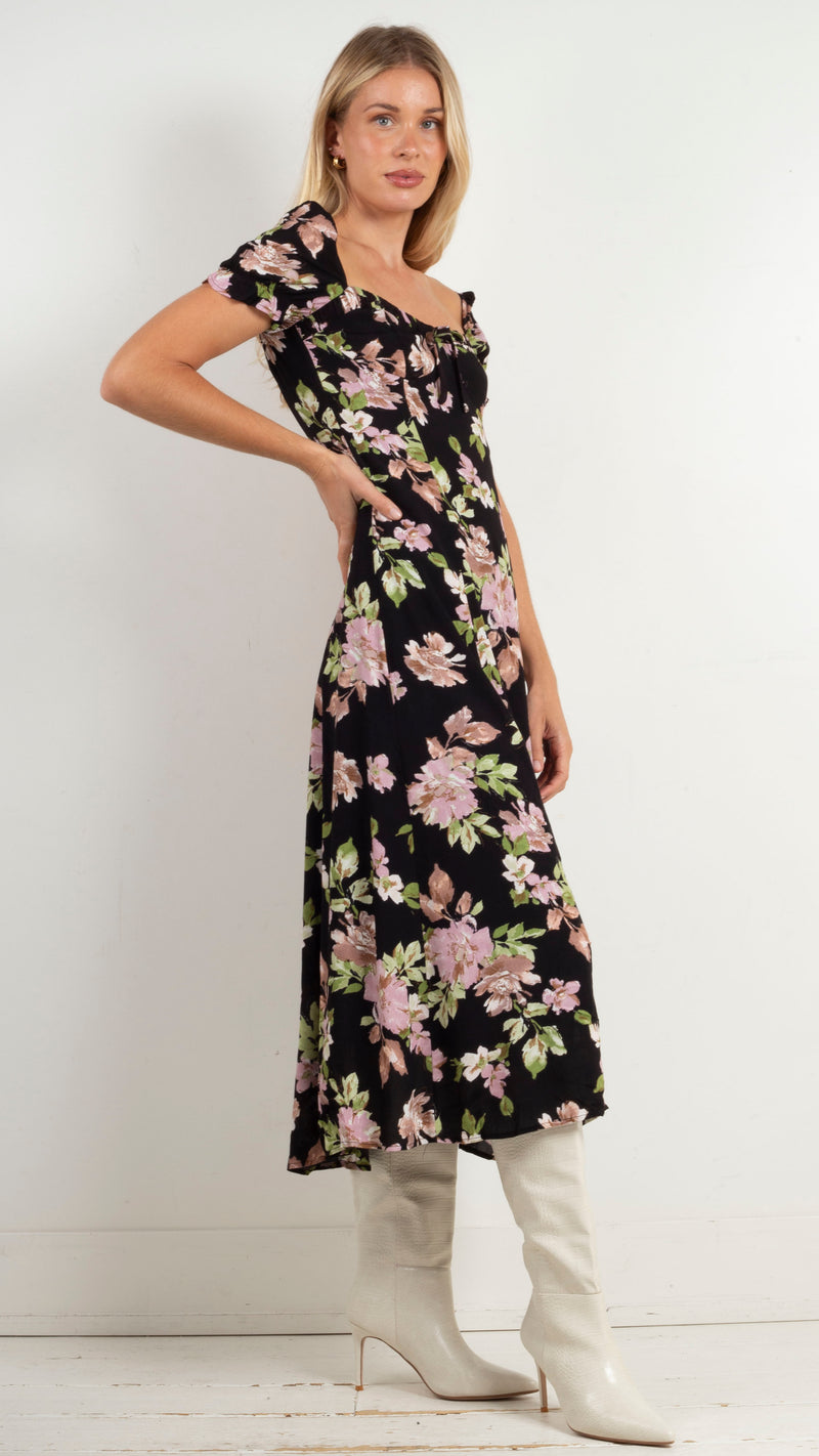 animari-lucia-cap-sleeve-floral-midi-black/pink