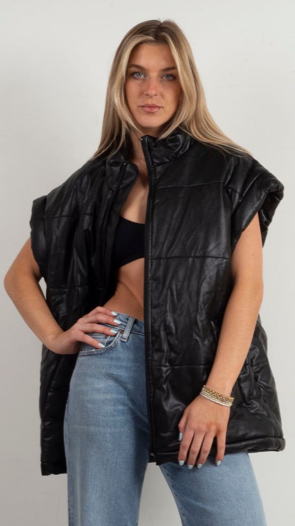 Bianca Oversized Faux Leather Vest - Black